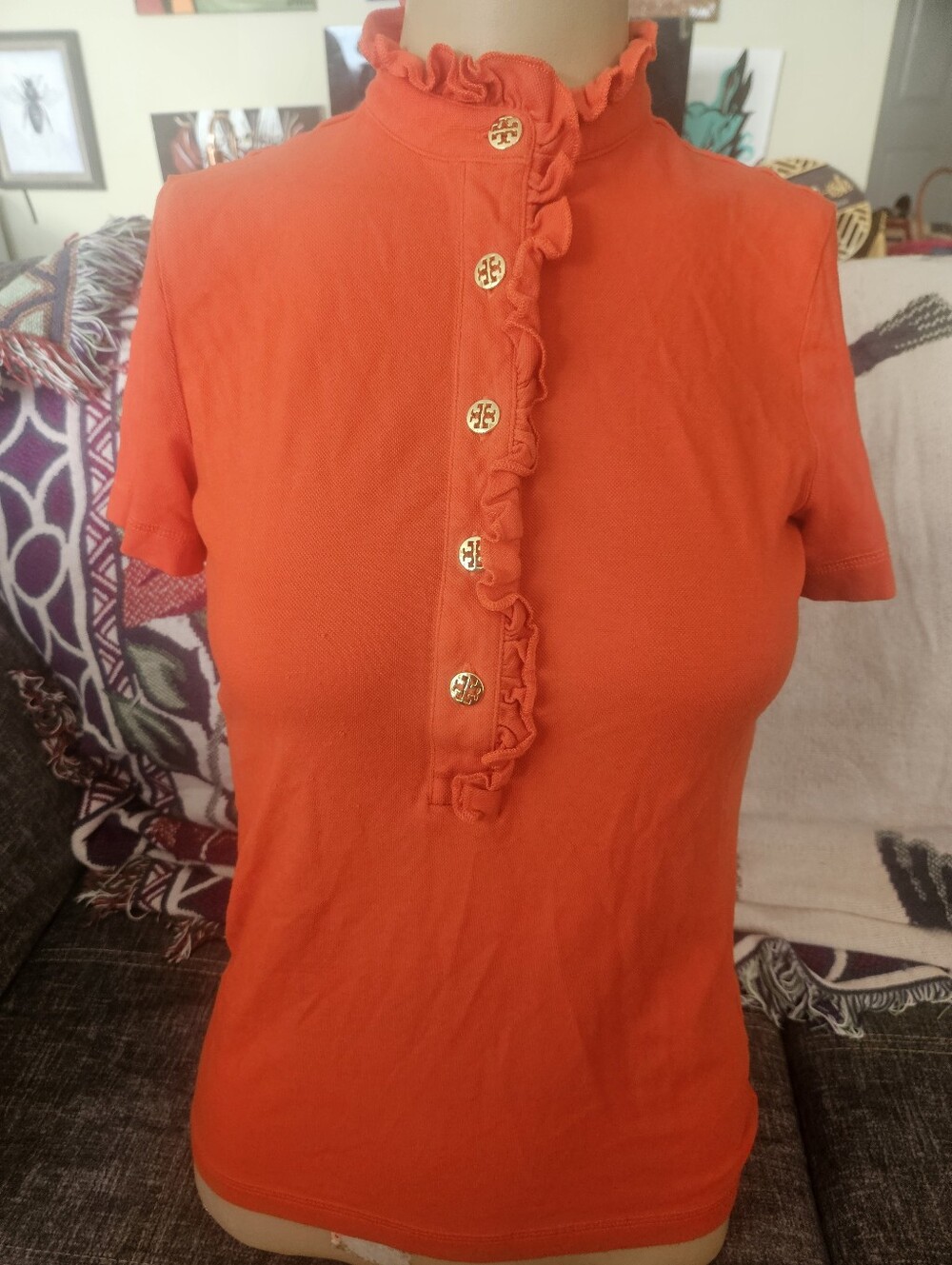 Tory Burch Lidia Ruffled Orange Polo. Small